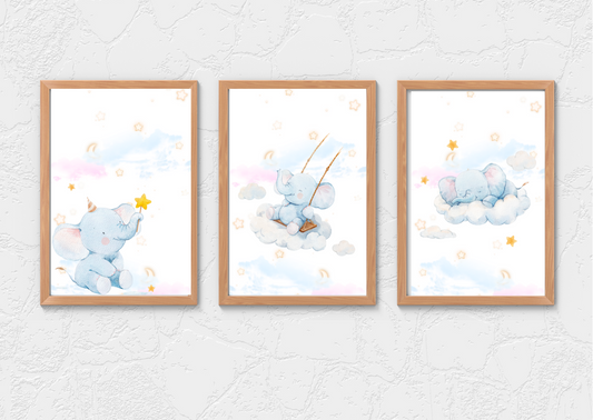 3 Baby Elephant Prints – Cute Nursery Wall Decor for Kids
