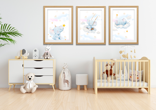 3 Baby Elephant Prints – Cute Nursery Wall Decor for Kids